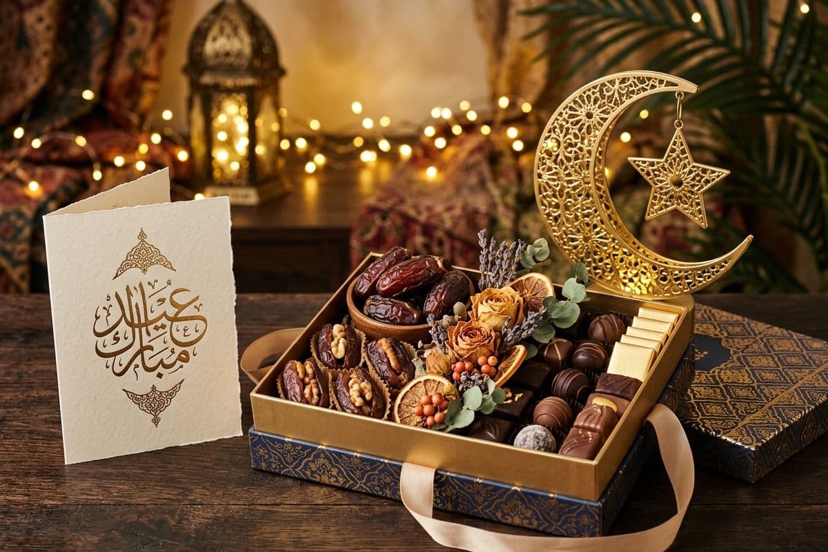 Handcrafted Eid gift hamper with dates, chocolates, and flowers — Bloom & Beyond Lahore studio