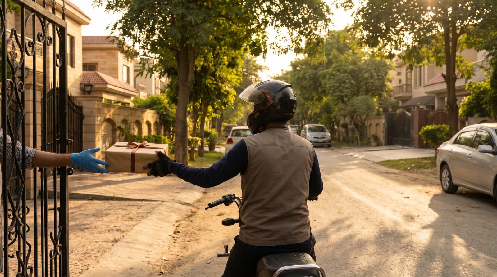 Bloom & Beyond rider delivering a wrapped gift box to a residential gate in Lahore at golden hour — same-day Lahore delivery
