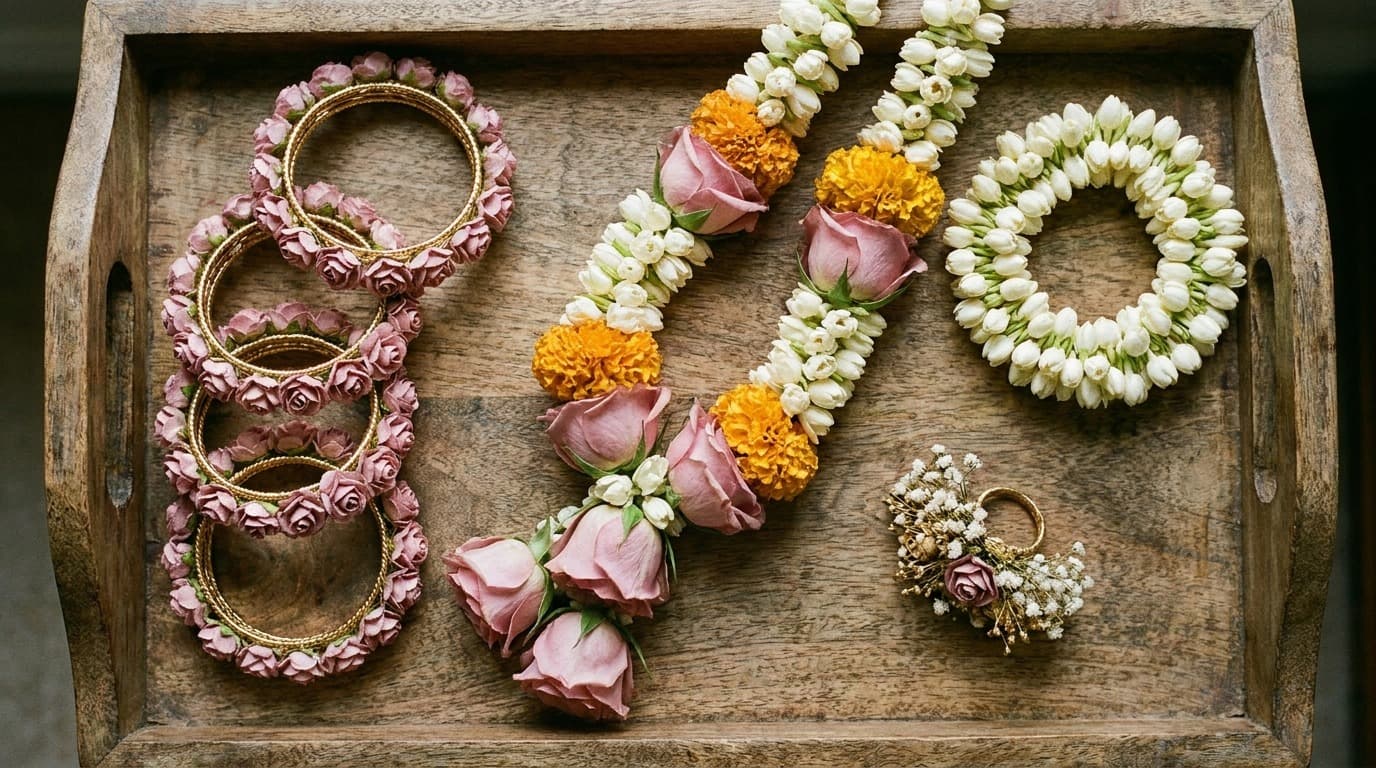 Pakistani bridal floral jewellery — pink rose bangles, marigold and rose haar, jasmine gajra, and small bridal corsage on a wooden tray — Bloom & Beyond Lahore wedding collection