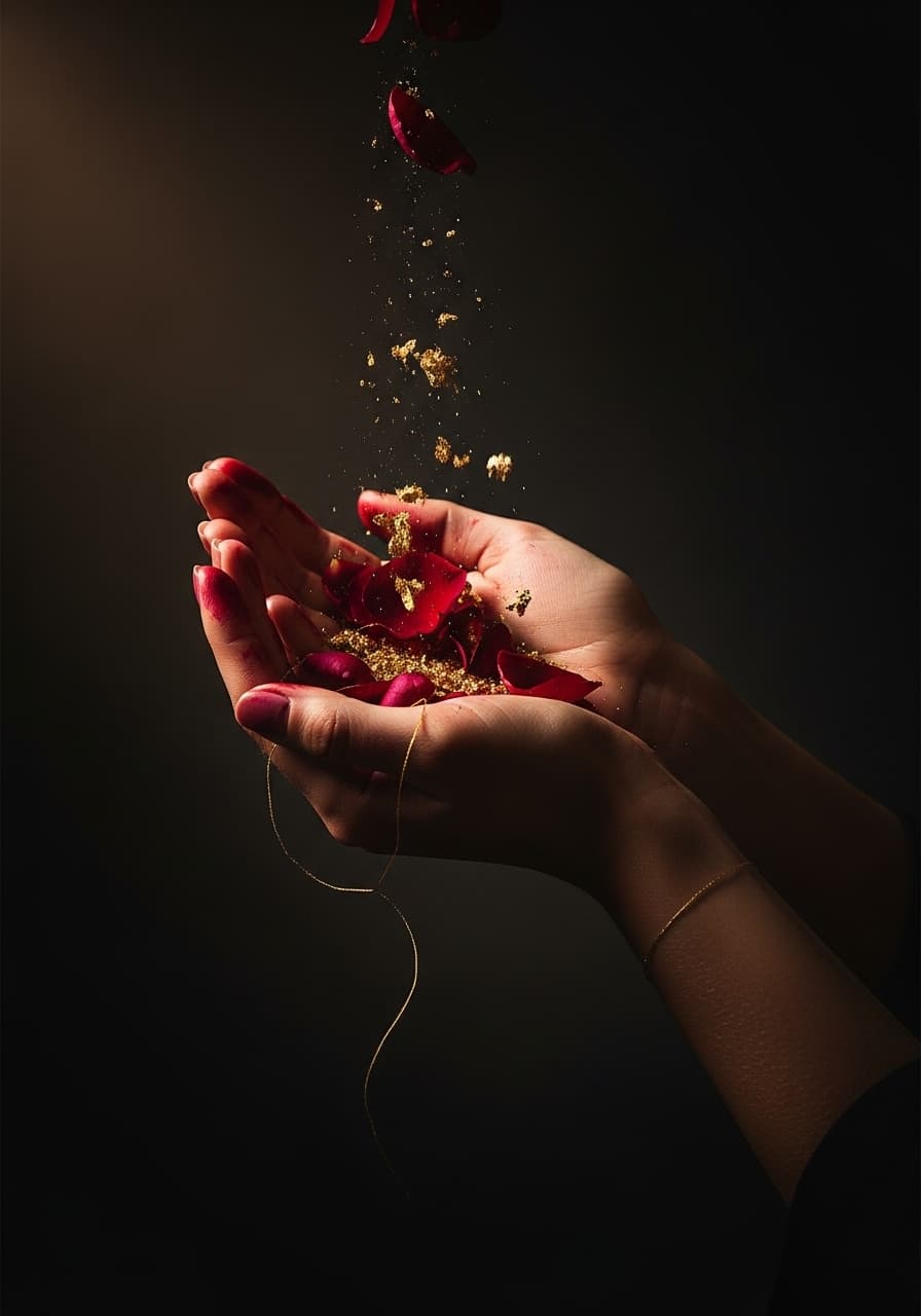 Hafsa's hands catching rose petals and gold dust — the maker behind Bloom & Beyond