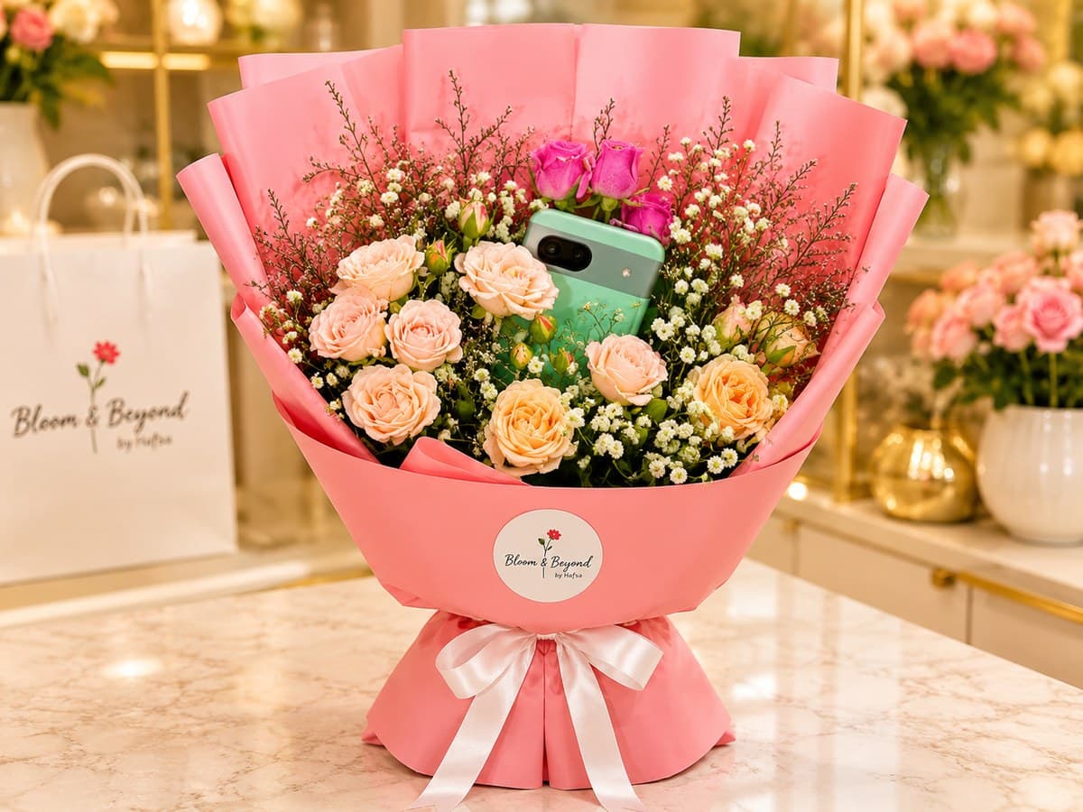 Peach roses and gypsophila arranged around a new phone, handcrafted in Lahore as a mother's gift sent from London