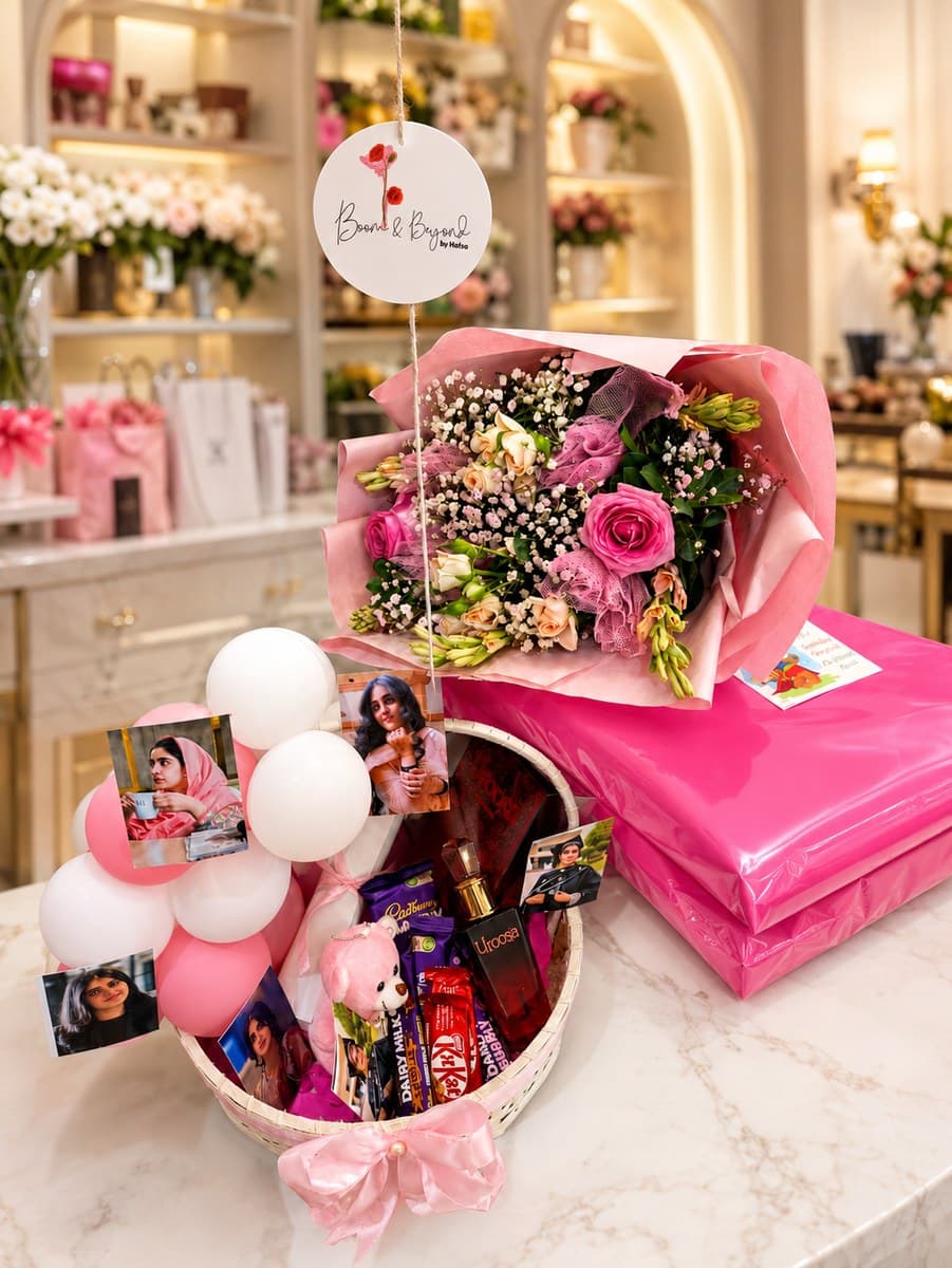Photo-memory basket with balloons, chocolates and roses, handcrafted in Lahore alongside a wrapped laptop the sender supplied