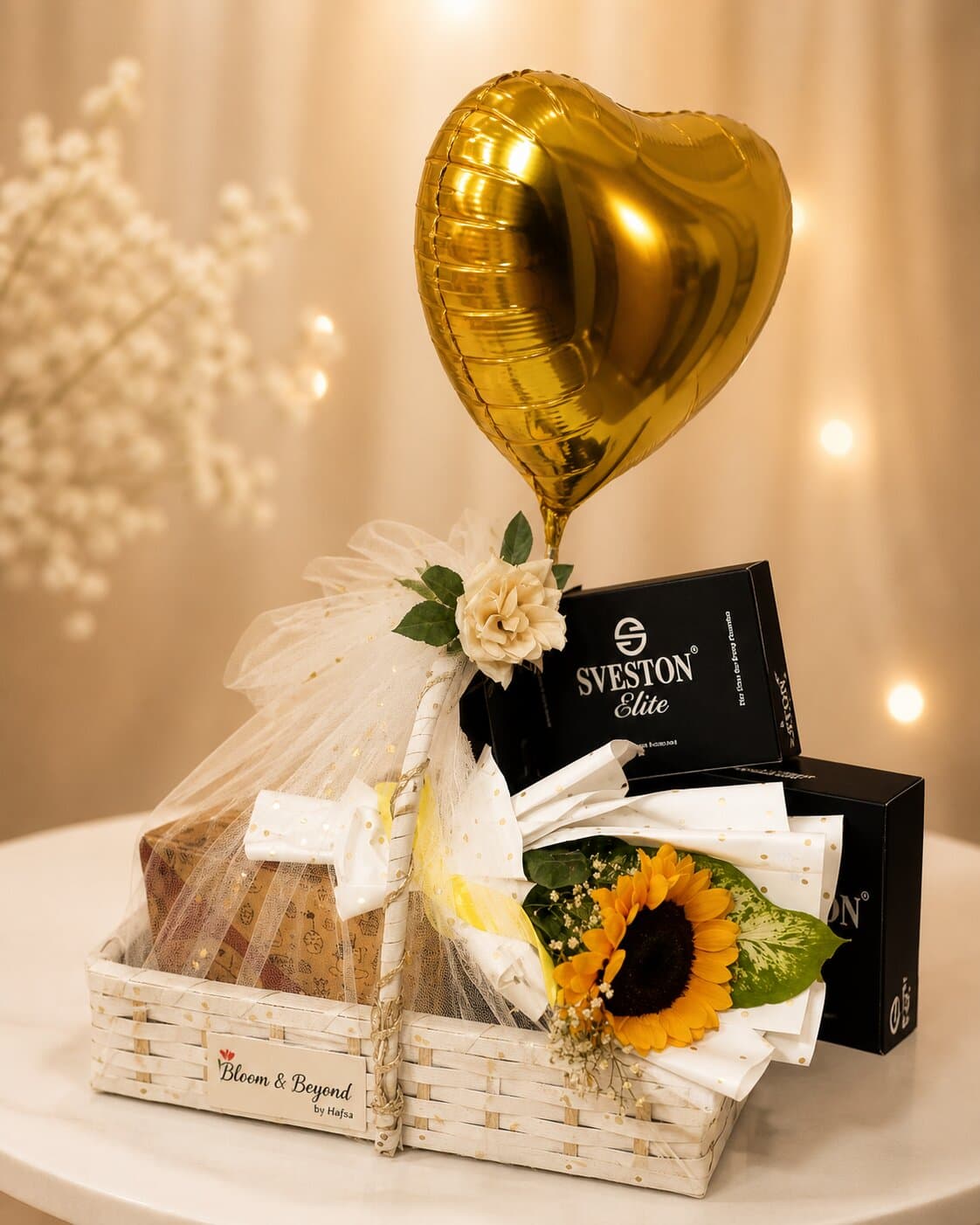 Best Friend Gift Basket — Sunflower & Heart Balloon (Packaging Only) — Handcrafted by Bloom & Beyond