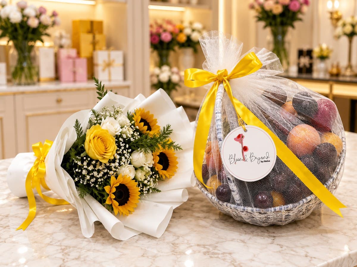 Get Well Fruit Basket & Sunflower Bouquet — Handcrafted by Bloom & Beyond in Lahore