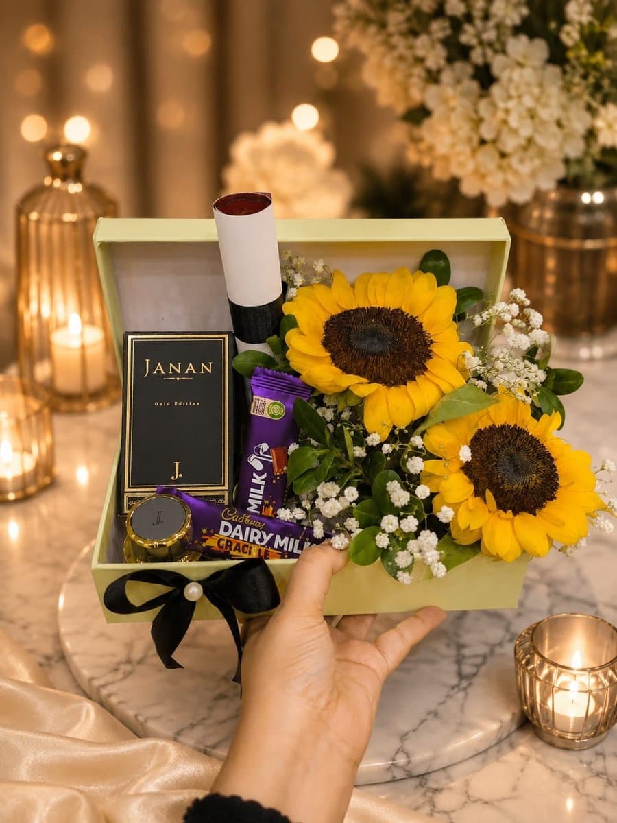 J. Janan Gold Perfume & Sunflower Gift Box — Handcrafted by Bloom & Beyond in Lahore