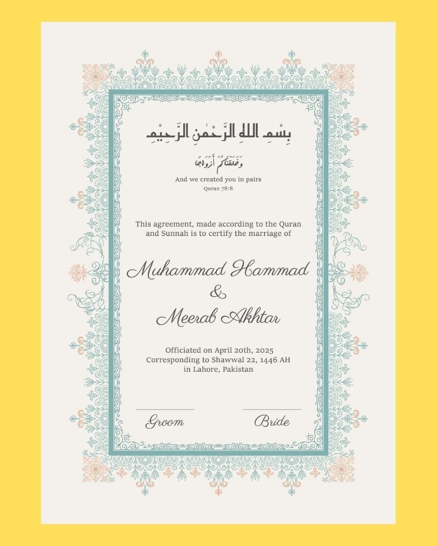 Nikkah Certificate — Modern Floral — Handcrafted by Bloom & Beyond