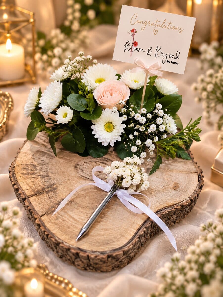 A live-edge wooden nikkah ring tray dressed with fresh white chrysanthemums, a blush garden rose, baby's breath and eucalyptus, with a silver nikkah pen tied in white satin ribbon — handcrafted by Bloom & Beyond in Lahore