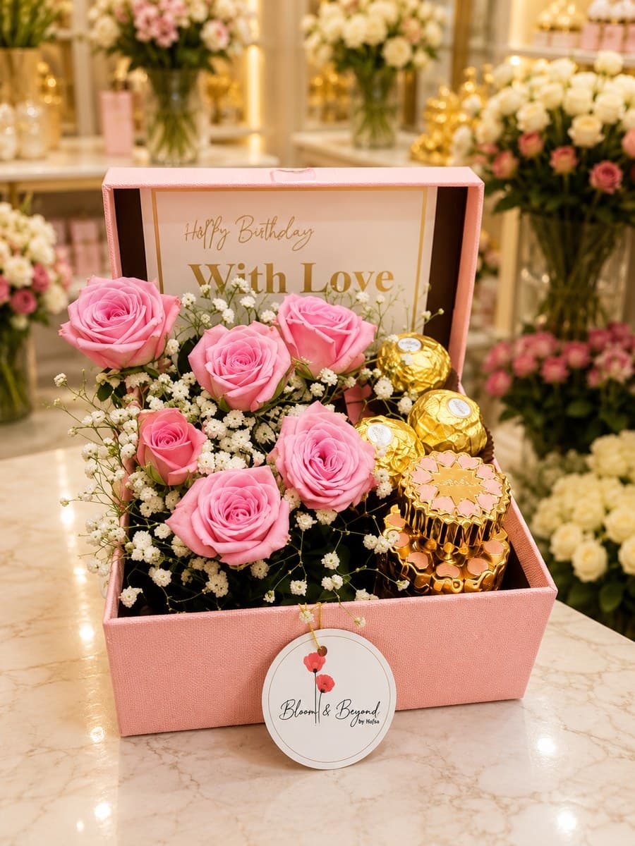 Pink Rose & Ferrero Rocher Birthday Box — Handcrafted by Bloom & Beyond in Lahore