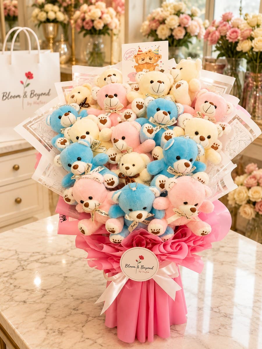 Teddy Bear Bouquet in Pink & Blue — Handcrafted by Bloom & Beyond in Lahore