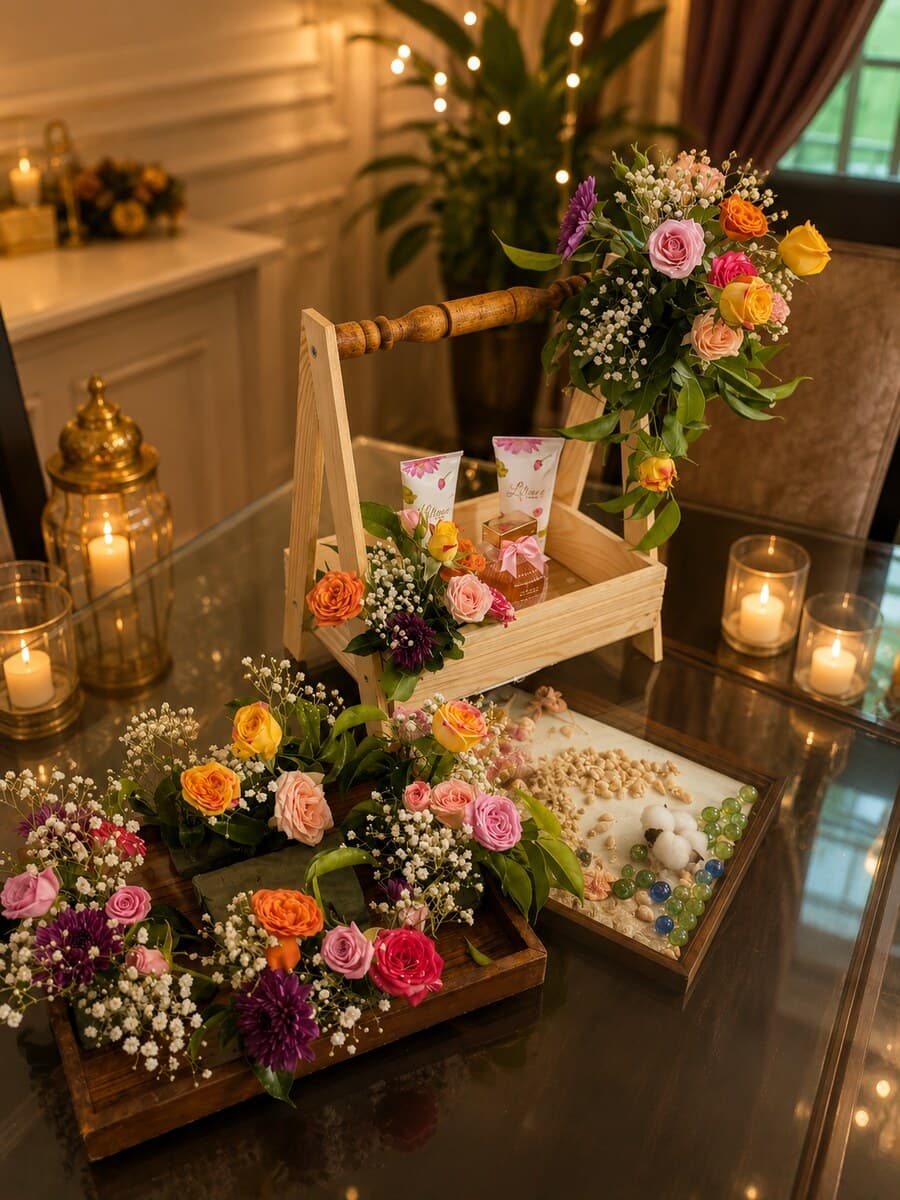 A wooden tiered stand set with several small bouquets in orange, pink and purple with photo frames between them — handcrafted by Bloom & Beyond in Lahore