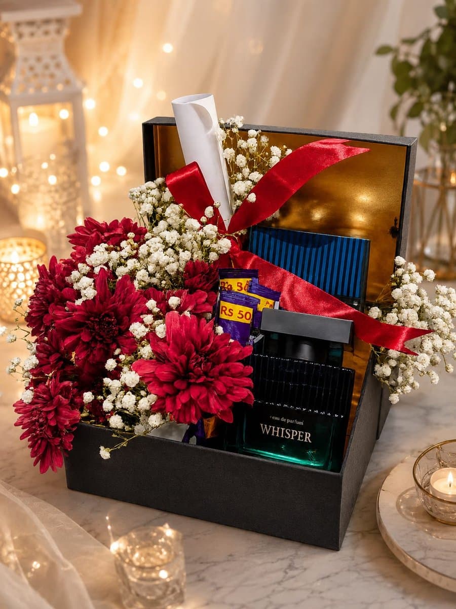 J. Whisper Perfume & Burgundy Bloom Box — Handcrafted by Bloom & Beyond in Lahore