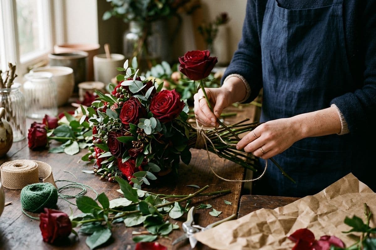 Hafsa hand-arranging roses in her Lahore studio for a custom mum's birthday hamper