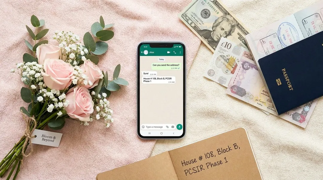 UK Pakistani customer placing a WhatsApp Eid hamper order to Lahore — phone screen showing chat with Bloom & Beyond