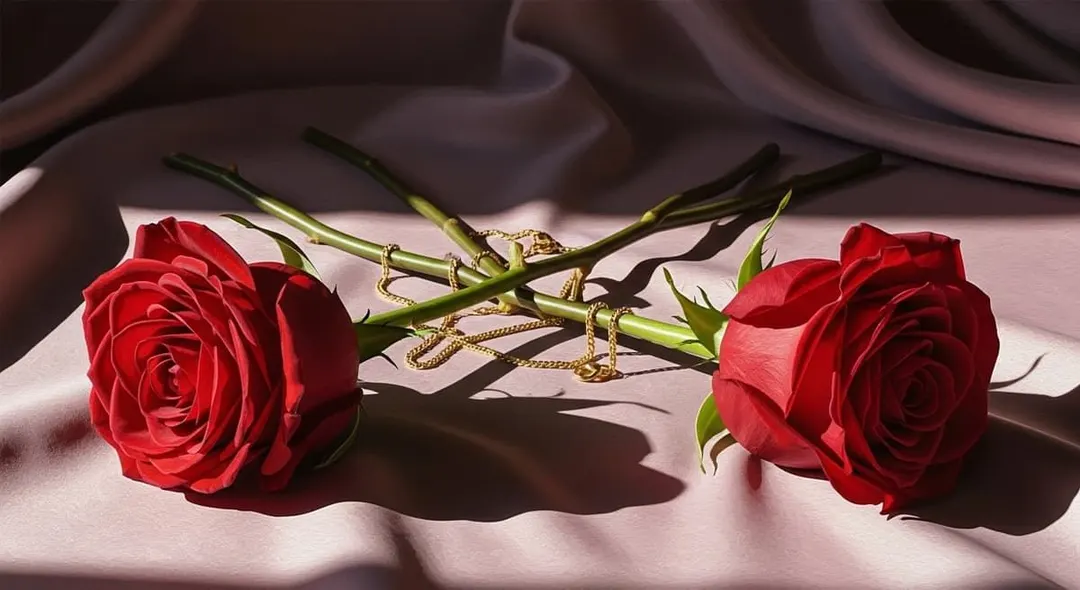 Two red roses intertwined on silk — anniversary gifts by Bloom & Beyond