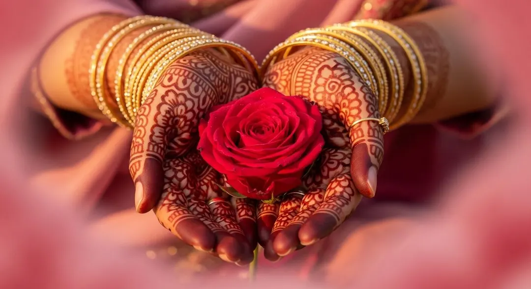 Mehndi hands holding a red rose — wedding gifts by Bloom & Beyond