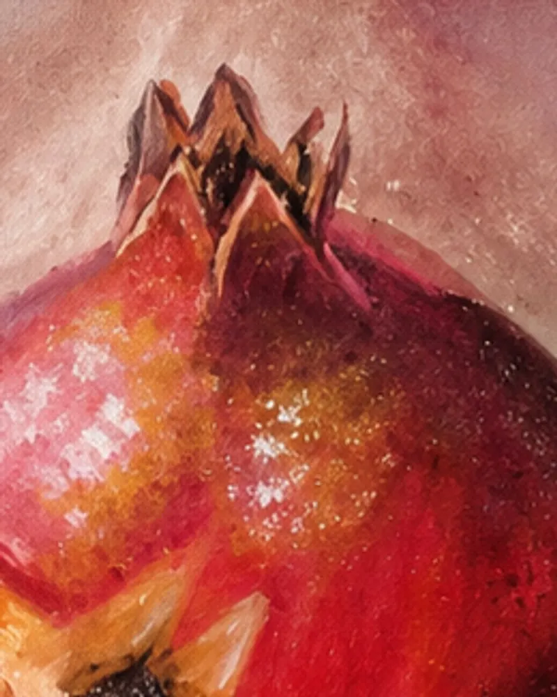 Detail of Hafsa Imran's Anar: the crown of dry sepals on top of the whole pomegranate