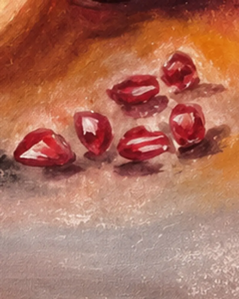 Detail of Hafsa Imran's Anar: a few loose pomegranate seeds scattered in warm light