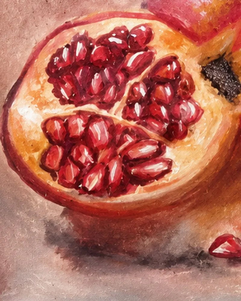 Detail of Hafsa Imran's Anar: the split pomegranate, its pale pith and packed ruby seeds each painted with a highlight
