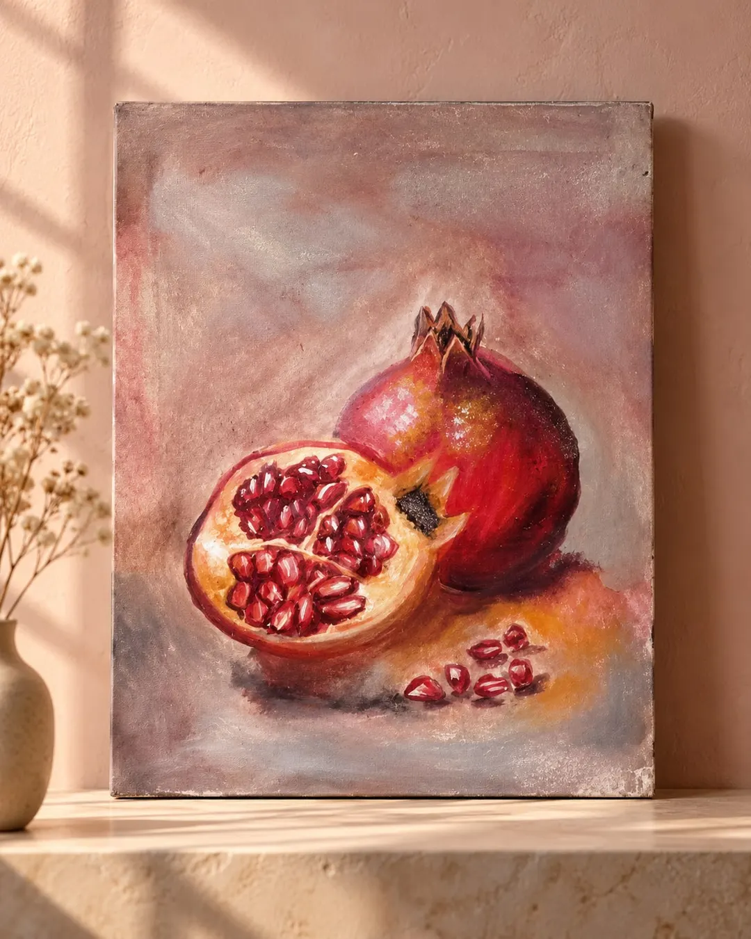 Anar (Pomegranates), a painting by Hafsa Imran on a shelf: a whole red pomegranate and a split one showing its ruby seeds, with loose seeds scattered in warm golden light on a dusky pink ground