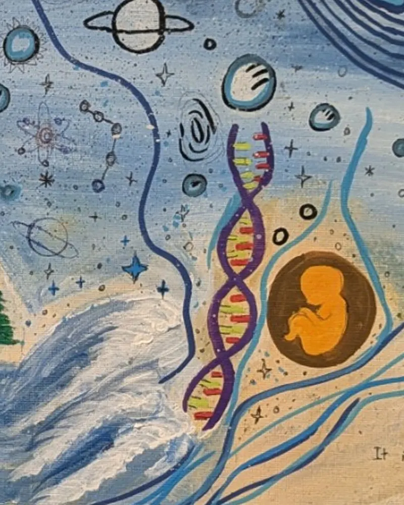 Detail of Ayat by Hafsa Imran: a purple DNA double helix with coloured rungs beside a golden embryo curled inside a dark womb, among stars and an atom