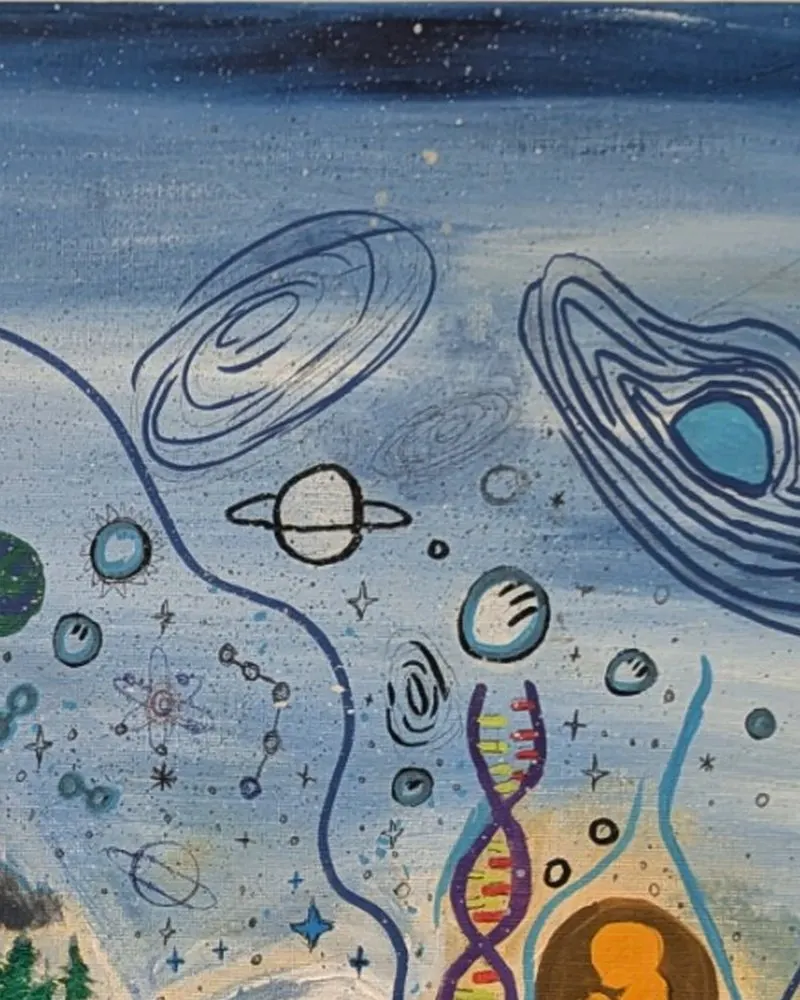 Detail of Ayat by Hafsa Imran: spiral galaxies drawn in blue line, a ringed planet, small moons and a swirling disc with a pale-blue centre in a starry sky