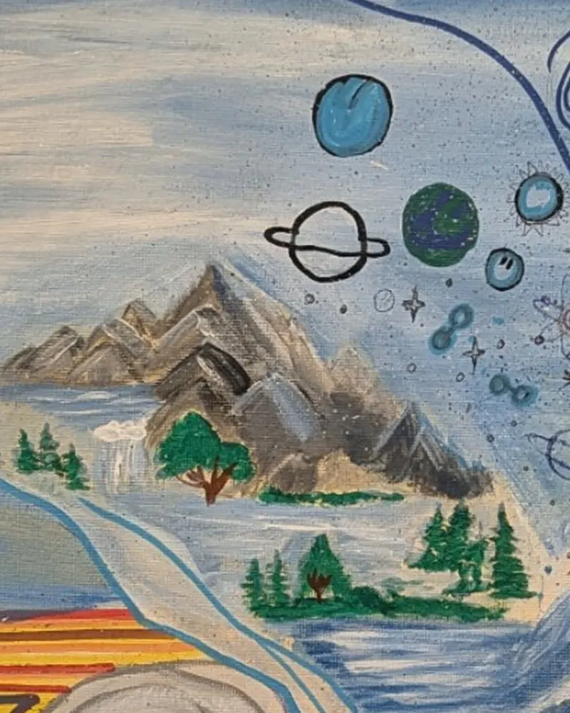 Detail of Ayat by Hafsa Imran: grey mountains, a small waterfall, green trees and blue water rising out of the stream from the Quran, beneath planets