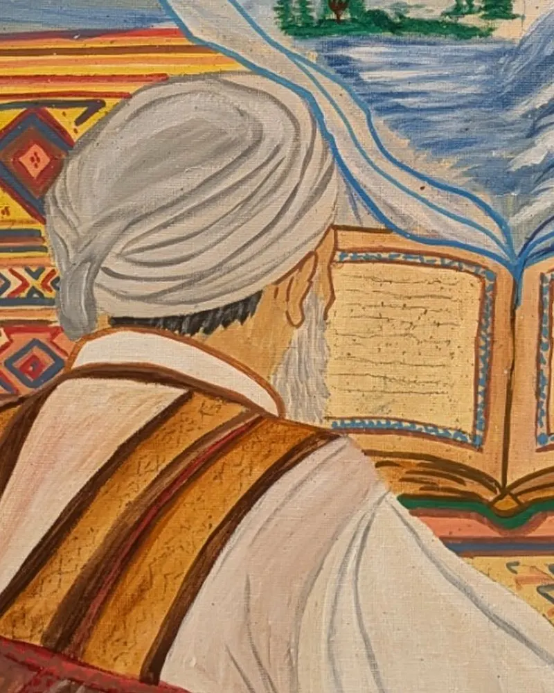 Detail of Ayat by Hafsa Imran: an elder with a white turban and grey beard, in a white robe with a striped brown shawl, reads an open Quran on a carved wooden stand