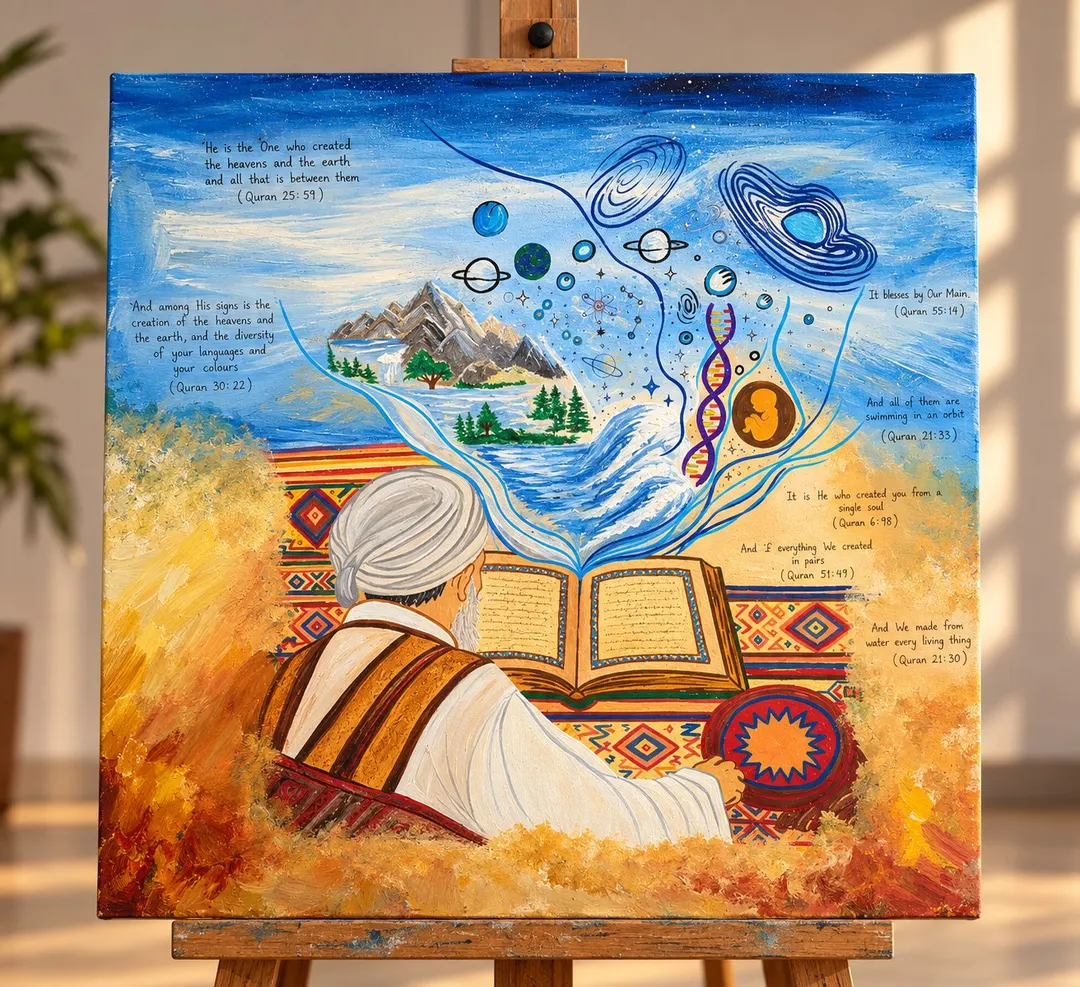 Ayat (Signs in the Universe), a painting by Hafsa Imran: an elder in a white turban, seen from behind, reads an open Quran on a wooden stand over a patterned rug in a golden field, and from its pages a stream rises into mountains, sea, planets, spiral galaxies, a DNA helix and an embryo, beside Quran verses written by hand in the blue sky