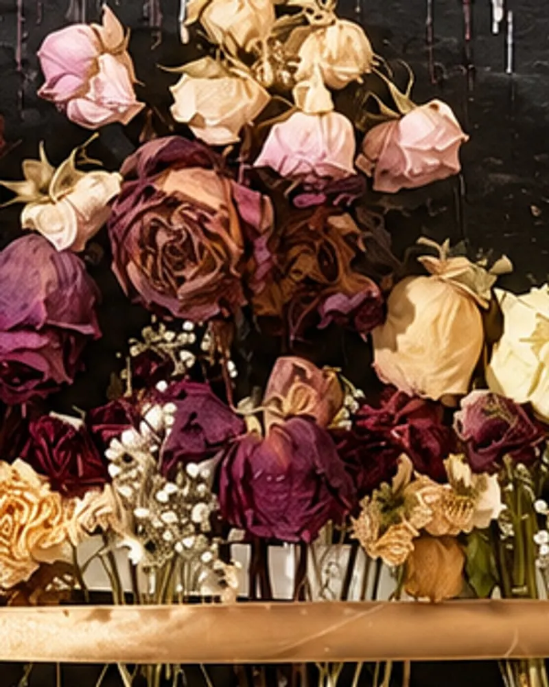 Detail of Hafsa Imran's Memento Mori: dried roses in plum, crimson, blush and cream with baby's breath