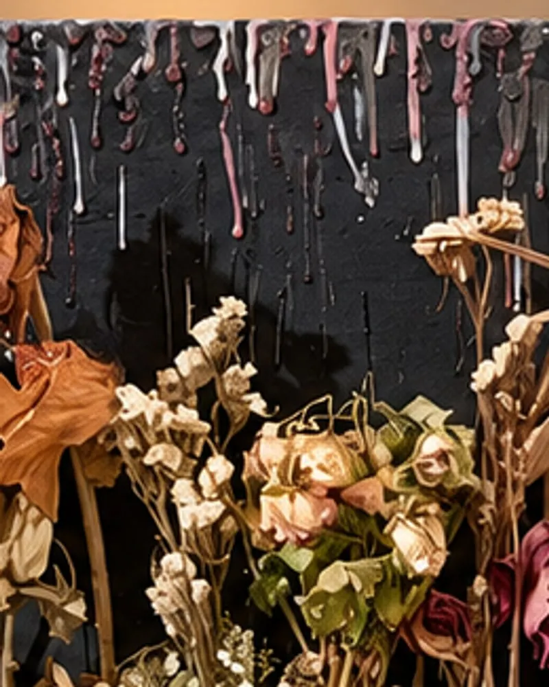 Detail of Hafsa Imran's Memento Mori: drips of pink and white running down the black canvas above the dried flowers