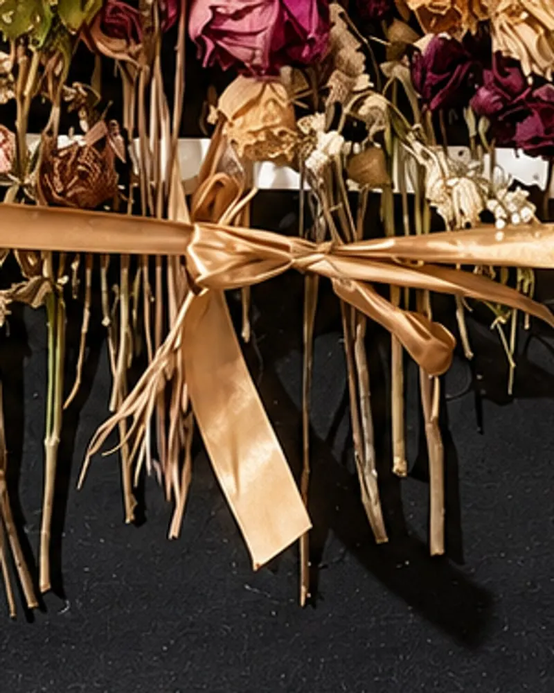 Detail of Hafsa Imran's Memento Mori: the gold satin ribbon tied in a bow around the stems of the dried flowers