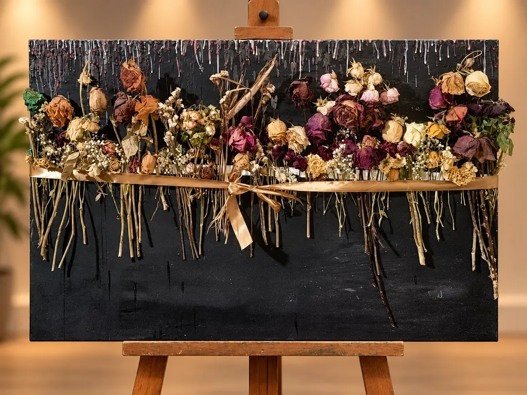 Memento Mori (What Remains), a mixed-media work by Hafsa Imran on a wooden easel: dried roses, baby's breath and wildflowers in faded crimson, plum, blush, cream and gold, bound across a black canvas with a gold satin ribbon, their stems hanging below and drips of pink and white running down from the top edge
