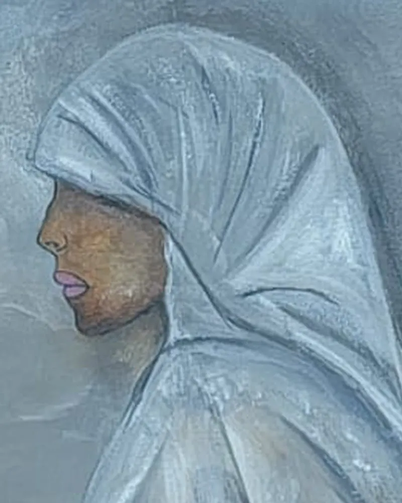 Detail of Hafsa Imran's Mother Earth: the woman's face in profile beneath a white hijab drawn forward over her brow