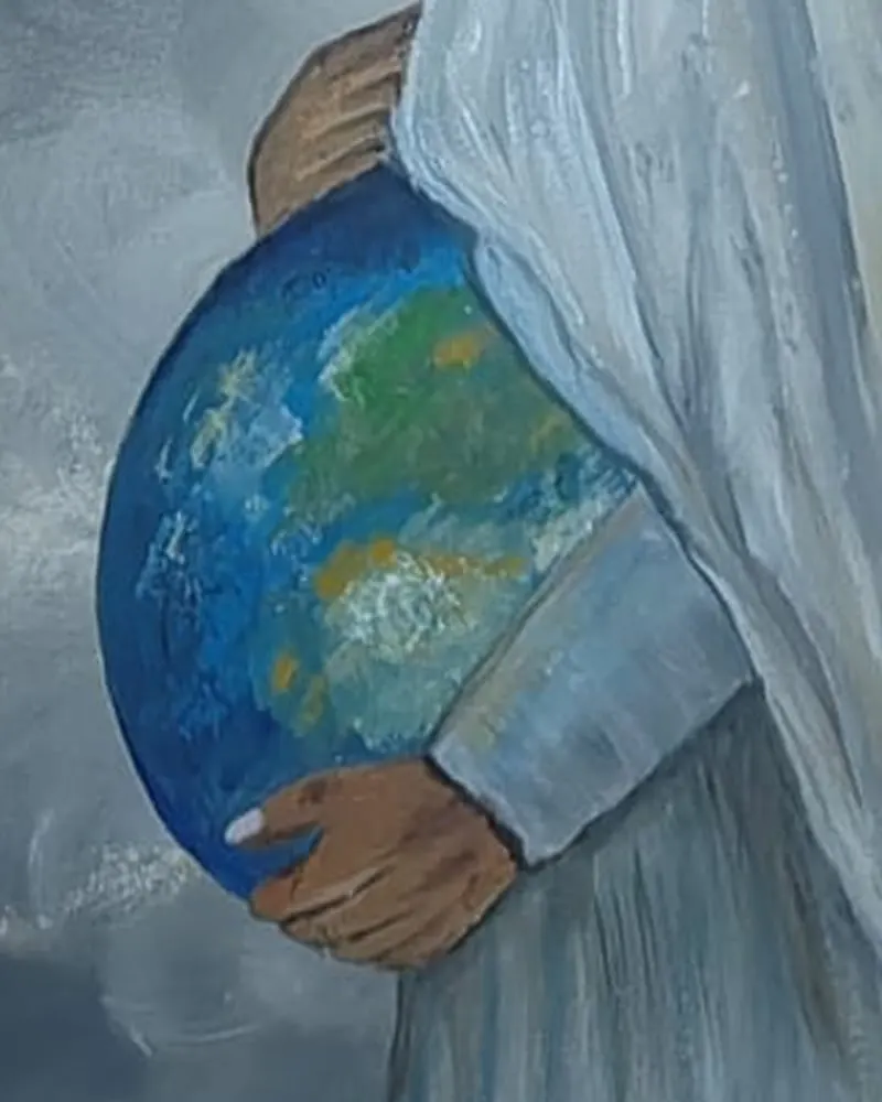 Detail of Hafsa Imran's Mother Earth: two hands hold a blue and green Earth against a white robe, one above and one beneath