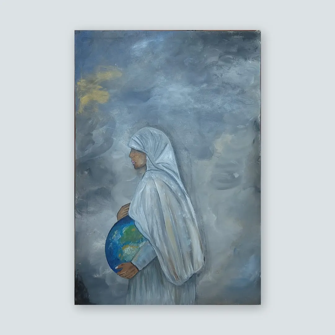 Mother Earth by Hafsa Imran as a stretched canvas on a plain grey wall, square format