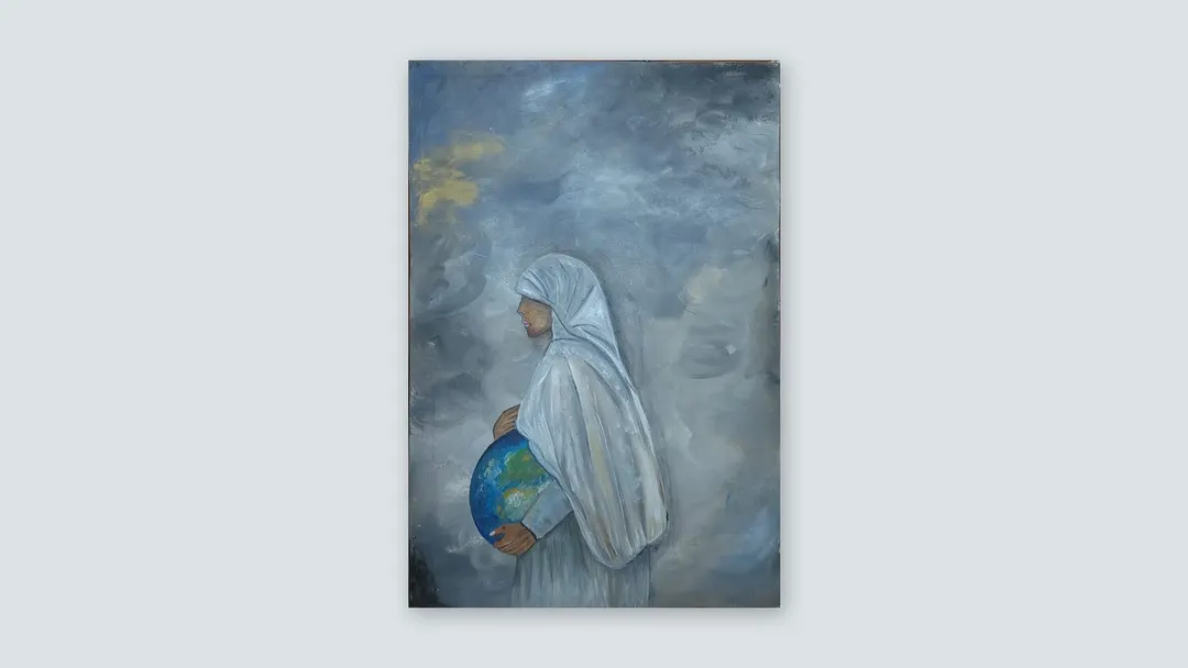 Mother Earth by Hafsa Imran as a stretched canvas on a wide plain grey wall