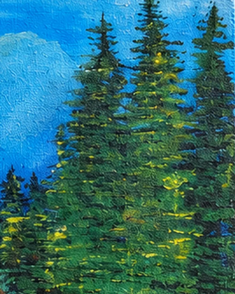Detail of Hafsa Imran's Musafir: tall evergreen trees painted in short strokes of dark green lit with yellow