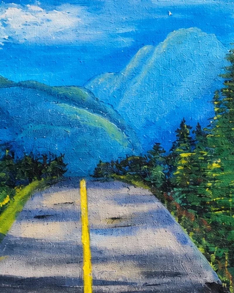Detail of Hafsa Imran's Musafir: the far end of the road vanishing into the trees below blue mountains and a blue sky