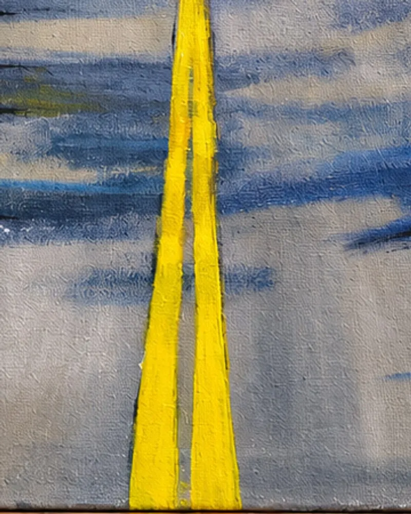 Detail of Hafsa Imran's Musafir: the two yellow centre lines running up the grey road through long blue shadows