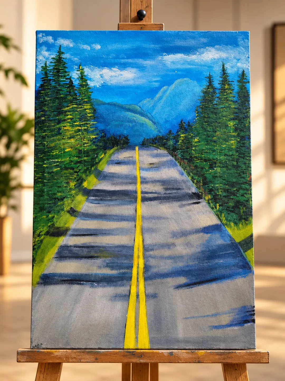 Musafir (The Road Home), a painting by Hafsa Imran on a wooden easel: an empty road with two yellow centre lines runs between tall evergreen trees towards blue mountains under a blue sky with white clouds