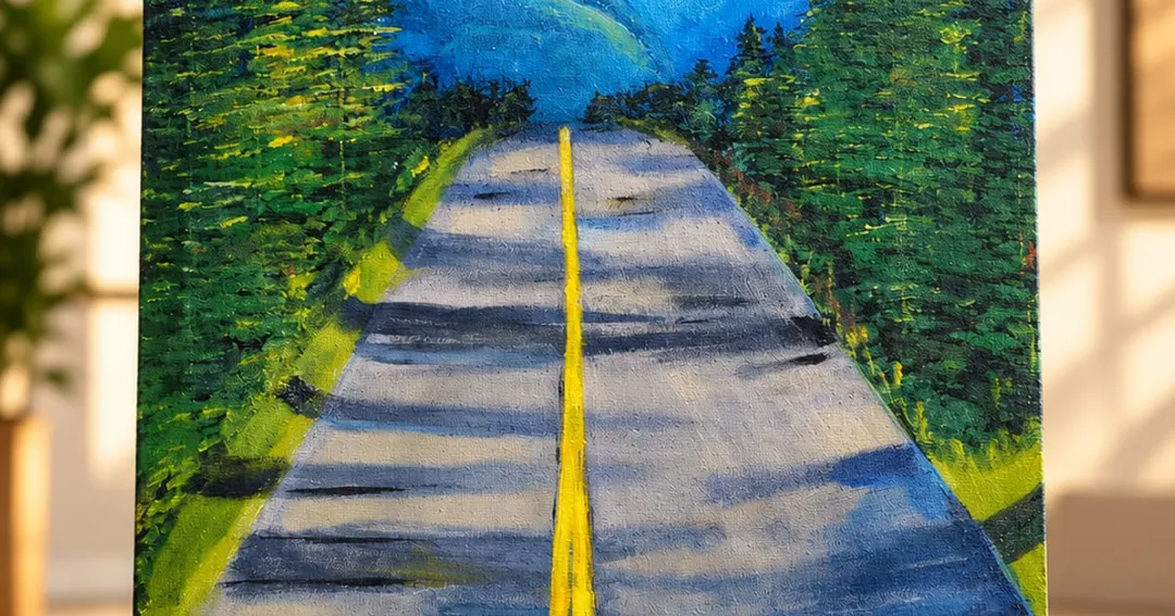 Musafir (The Road Home), a painting by Hafsa Imran: the road and evergreen trees, wide format