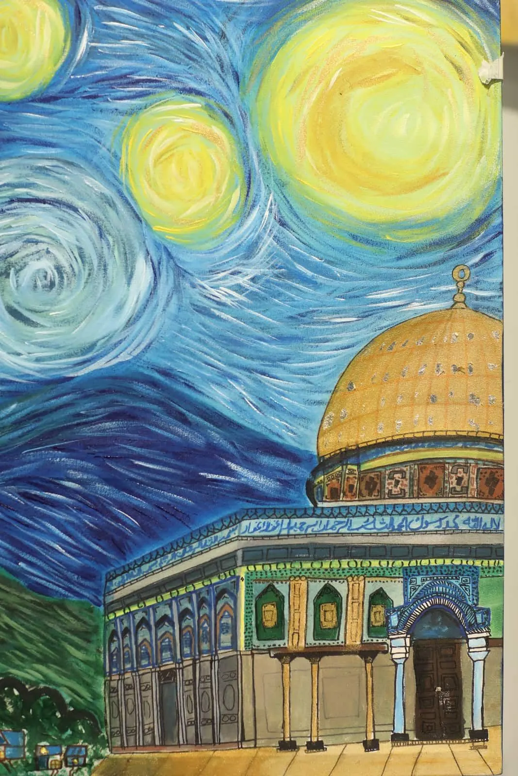 Close-up of Hafsa Imran's Masjid al-Aqsa painting showing the golden dome, the blue and green tilework and a band of Arabic calligraphy beneath swirling stars