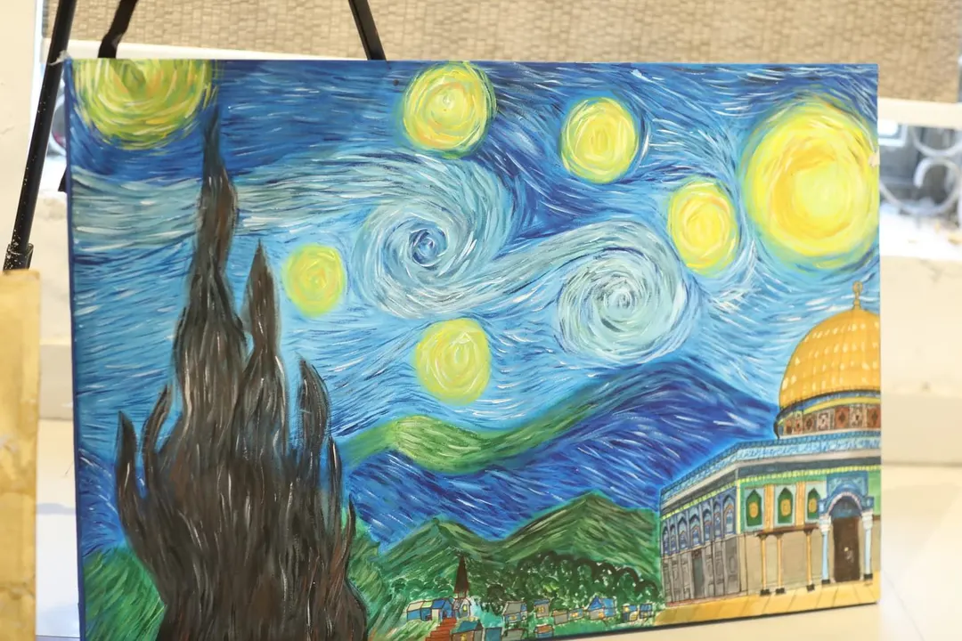 Painting by Hafsa Imran of Masjid al-Aqsa with its golden dome beneath a swirling blue night sky of yellow stars, a dark cypress tree and green hills, in the manner of Van Gogh's The Starry Night