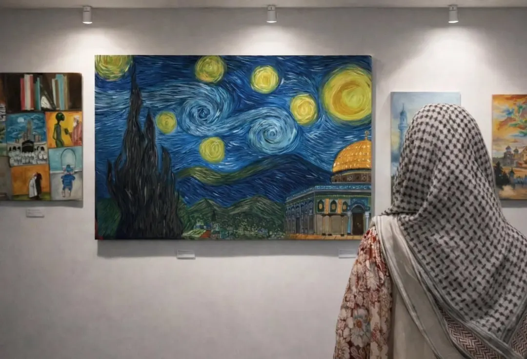 Hafsa Imran, seen from behind, looking at her Masjid al-Aqsa and nine-panel paintings hung on a gallery wall at the Rawalpindi Arts Council exhibition, February 2026