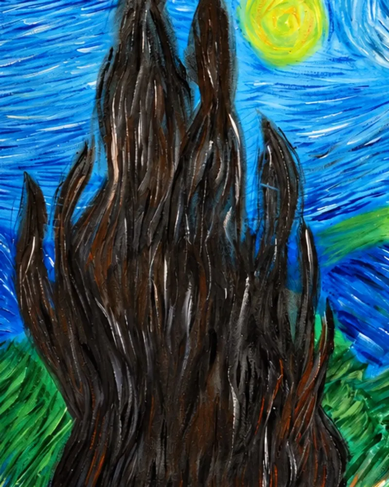 Detail of Starry Night over Al-Aqsa by Hafsa Imran: the dark cypress rising like a flame against the swirling blue sky