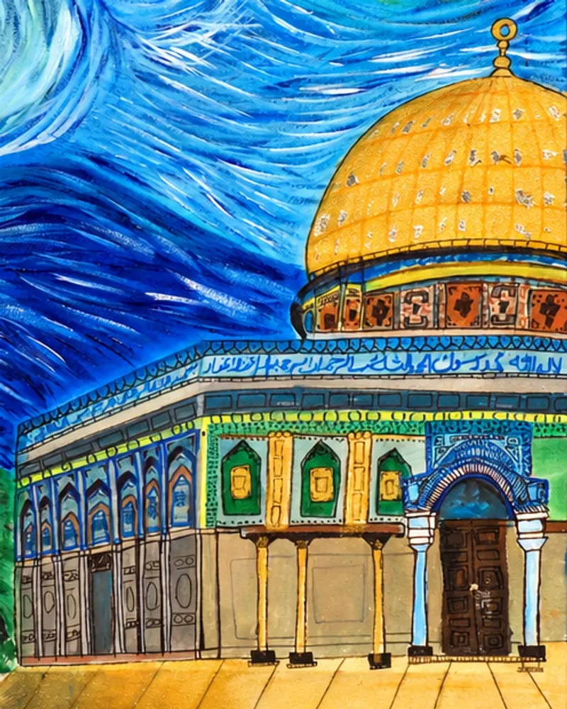 Detail of Starry Night over Al-Aqsa by Hafsa Imran: the golden dome, its band of tiles, the blue and green tilework and the band of Arabic calligraphy