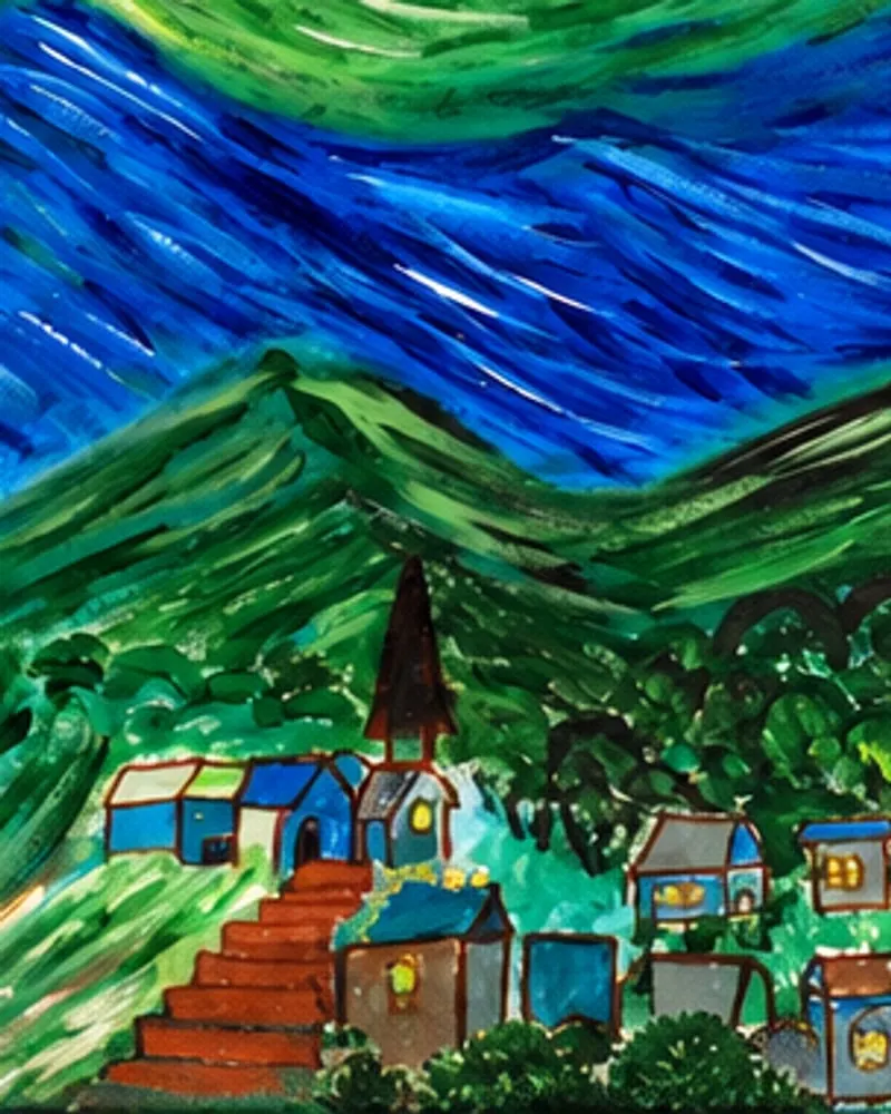 Detail of Starry Night over Al-Aqsa by Hafsa Imran: the small village beneath green hills, a church steeple among its roofs and red steps climbing into it