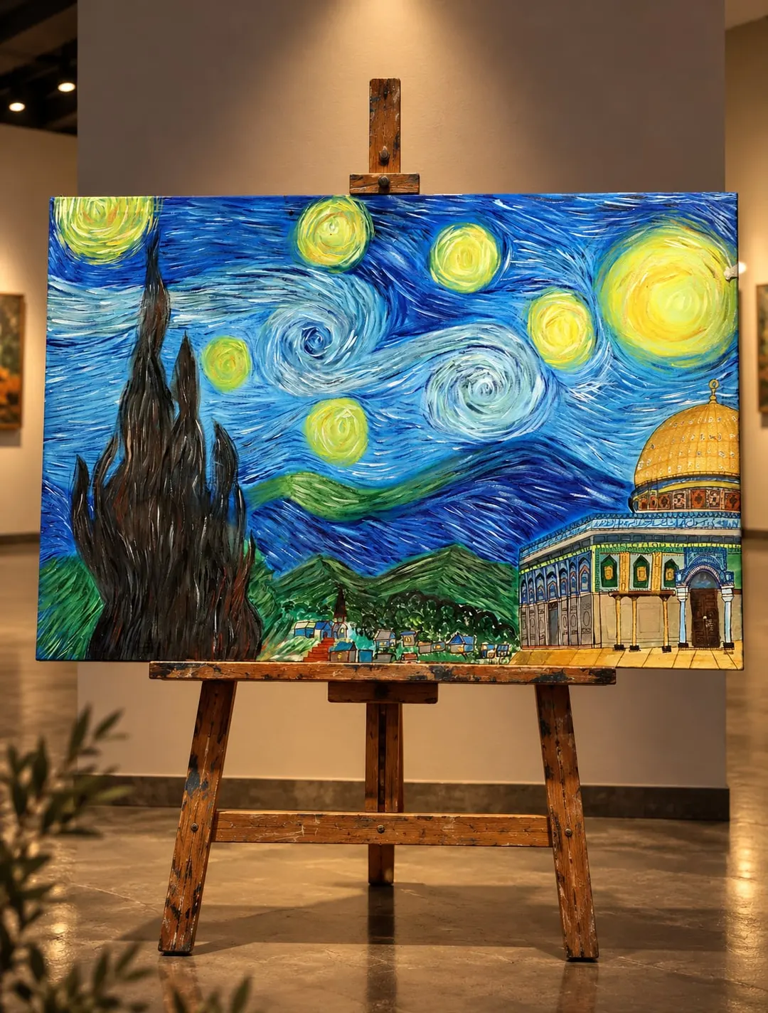 Starry Night over Al-Aqsa, a painting by Hafsa Imran, on a wooden easel in a gallery