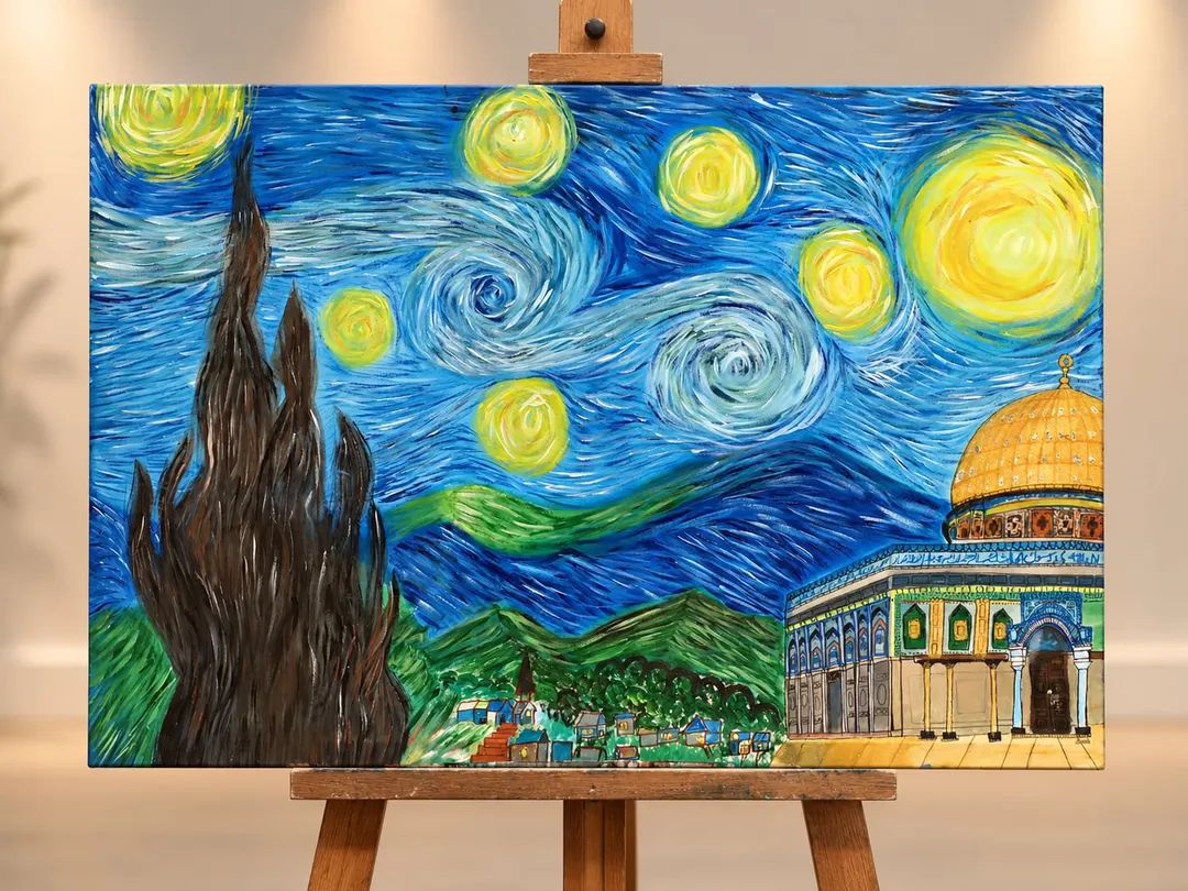 Starry Night over Al-Aqsa by Hafsa Imran on a wooden easel: the golden Dome of the Rock beneath a swirling blue night sky of yellow stars and a great yellow moon, with a dark cypress, green hills and a small village, in the manner of Van Gogh's The Starry Night