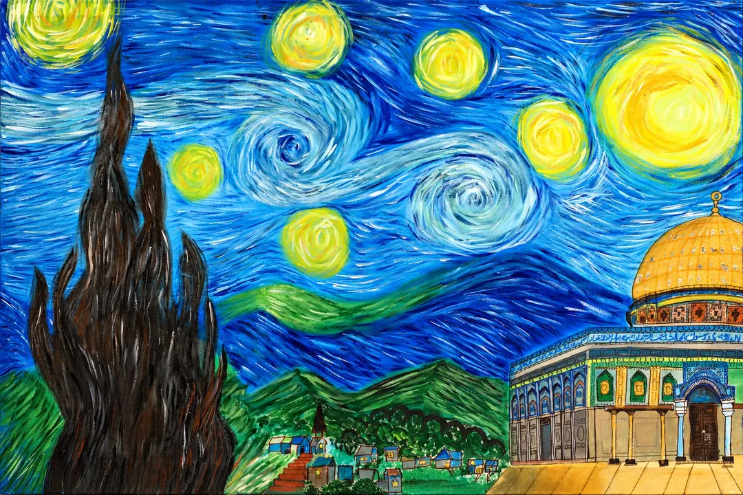 Starry Night over Al-Aqsa, a painting by Hafsa Imran: the whole canvas seen straight-on